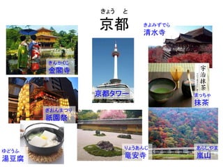 きょう と
京都
京都タワー
きんかくじ
金閣寺
きよみずでら
清水寺
りょうあんじ
竜安寺
あらしやま
嵐山
ぎおんまつり
祇園祭
ゆどうふ
湯豆腐
まっちゃ
抹茶
 