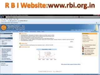 19R B IMANAGES PUBLIC DEBTRECEIVE AND MAKE PAYMENTS ON BEHALF OF GOVERNMENTTRANSACT GOVERNMENT BUSINESSMANAGES ACCOUNTS OF GOVERNMENT DEPARTMENTSCENTRAL ACCOUNT SECTION AT NAGPUR  CONSOLIDATES 	GOVERNMENTS BANKING TRANSACTIONSOVERSEES AUCTION OF TREASURY BILLSMAKE WAYS AND MEANS ADVANCES TO THE GOVERNMENTSFUNCTIONS OF R B I   by UNNI B T             