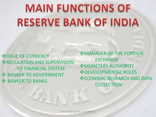 MAIN FUNCTIONS OFRESERVE BANK OF INDIA7MANAGER OF THE FOREIGN      	EXCHANGEMONETERY AUTHORITY
