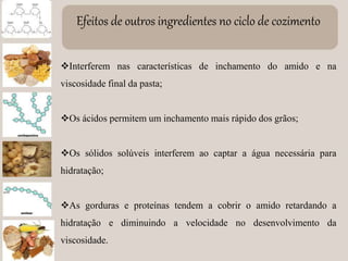 Efeitos de outros ingredientes no ciclo de cozimento
Interferem nas características de inchamento do amido e na
viscosidade final da pasta;
Os ácidos permitem um inchamento mais rápido dos grãos;
Os sólidos solúveis interferem ao captar a água necessária para
hidratação;
As gorduras e proteínas tendem a cobrir o amido retardando a
hidratação e diminuindo a velocidade no desenvolvimento da
viscosidade.
 