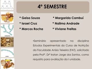 4º SEMESTRE
* Geisa Souza * Margarida Cambuí
* Israel Cruz * Nailma Andrade
* Marcos Rocha * Viviane Freitas
•Seminário apresentado na disciplina
Estudos Experimentais do Curso de Nutrição
da Faculdade Anísio Teixeira (FAT), solicitado
pela Profº. Drº Iratan Jorge dos Santos, como
requisito para avaliação da I unidade.
 