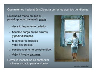 Que miremos hacia atrás sólo para cerrar los asuntos pendientes.   ... decir lo largamente callado, ... hacerse cargo de los errores ... reconocer lo recibido Cerrar lo inconcluso es comenzar  a hacer espacio para lo Nuevo. Es el único modo en que el pasado puede realmente  pasar : ...   dejar ir lo que  ya no es . Ilustración: Salvador Dalí y pedir disculpas, y dar las gracias, ... comprender lo no comprendido, 