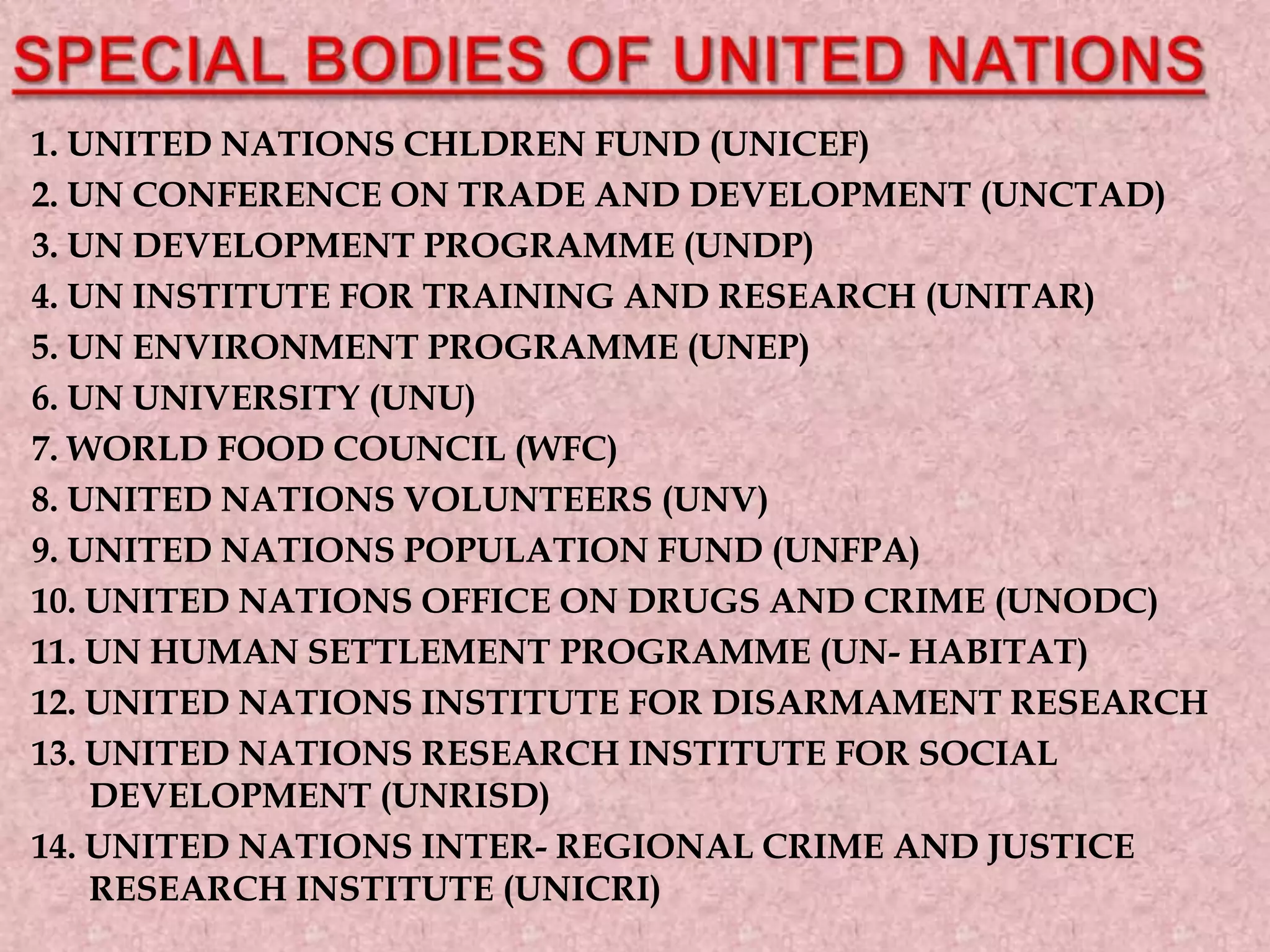 1. UNITED NATIONS CHLDREN FUND (UNICEF)
2. UN CONFERENCE ON TRADE AND DEVELOPMENT (UNCTAD)
3. UN DEVELOPMENT PROGRAMME (UNDP)
4. UN INSTITUTE FOR TRAINING AND RESEARCH (UNITAR)
5. UN ENVIRONMENT PROGRAMME (UNEP)
6. UN UNIVERSITY (UNU)
7. WORLD FOOD COUNCIL (WFC)
8. UNITED NATIONS VOLUNTEERS (UNV)
9. UNITED NATIONS POPULATION FUND (UNFPA)
10. UNITED NATIONS OFFICE ON DRUGS AND CRIME (UNODC)
11. UN HUMAN SETTLEMENT PROGRAMME (UN- HABITAT)
12. UNITED NATIONS INSTITUTE FOR DISARMAMENT RESEARCH
13. UNITED NATIONS RESEARCH INSTITUTE FOR SOCIAL
DEVELOPMENT (UNRISD)
14. UNITED NATIONS INTER- REGIONAL CRIME AND JUSTICE
RESEARCH INSTITUTE (UNICRI)
 
