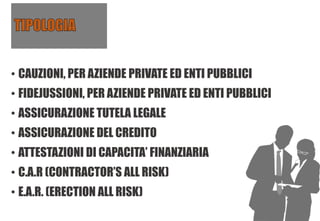 • CAUZIONI, PER AZIENDE PRIVATE ED ENTI PUBBLICI
• FIDEJUSSIONI, PER AZIENDE PRIVATE ED ENTI PUBBLICI
• ASSICURAZIONE TUTELA LEGALE
• ASSICURAZIONE DEL CREDITO
• ATTESTAZIONI DI CAPACITA’ FINANZIARIA
• C.A.R (CONTRACTOR’S ALL RISK)
• E.A.R. (ERECTION ALL RISK)
 
