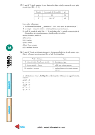 55. Fuvest-SP A tabela seguinte fornece dados sobre duas soluções aquosas de certo ácido
               monoprótico, HA, a 25 °C.


                                      Solução       Concentração de HA (mol/L)         pH

                                          1                      1,0                   3,0

                                          2                  1,0 x 10–2                4,0



              Esses dados indicam que
                I. a concentração de íons H+(aq), na solução 2, é dez vezes maior do que na solução 1.
               II. a solução 1 conduzirá melhor a corrente elétrica do que a solução 2.
              III. o pH da solução do ácido HA, a 25 °C, tenderá ao valor 7,0 quando a concentração de
                   HA tender a zero, ou seja, quando a diluição tender ao infinito.
              Dessas afirmações, apenas a
              a) I é correta.
              b) II é correta.
              c) III é correta.
              d) I e a II são corretas.

16            e) II e a III são corretas.

           56. Fuvest-SP Deseja-se distinguir, de maneira simples, as substâncias de cada um dos pares
               abaixo, utilizando-se os testes sugeridos do lado direito da tabela:

                               Par de substâncias                                    Teste

                    I) nitrato de sódio e bicarbonato de sódio     X) dissolução em água

                 II) cloreto de sódio e glicose                    Y) pH de suas soluções aquosas

                 III) naftaleno e sacarose                         Z) condutibilidade elétrica de suas soluções
                                                                      aquosas



              As substâncias dos pares I, II e III podem ser distinguidas, utilizando-se, respectivamente,
              os testes:
              a) X, Y e Z
GABARITO




              b) X, Z e Y
              c) Z, X e Y
              d) Y, X e Z
              e) Y, Z e X
IMPRIMIR




           Voltar                        QUÍMICA - Equilíbrio iônico da água (pH e pOH)                       Avançar
 