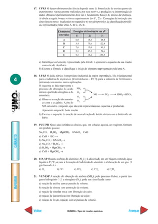 17. UFRJ O desenvolvimento da ciência depende tanto da formulação de teorias quanto de
               experimentos rigorosamente realizados; por esse motivo, a produção e a interpretação de
               dados obtidos experimentalmente deve ser o fundamento básico do ensino da Química.
               A tabela a seguir fornece valores experimentais das 1ª, 2ª e 3ª energias de ionização dos
                                                                      . .     .
               cinco únicos metais localizados no segundo e no terceiro períodos da classificação periódi-
               ca, representados pelas letras A, B, C, D e E.

                                    Elementos     Energias de ionização em eV
                                     (metais)       1ª
                                                     .           2ª
                                                                  .          3ª
                                                                              .
                                        A           6,0         18,8         28,4
                                        B           5,4         75,6       122,4
                                        C           7,6         15,0         80,1
                                        D           5,1         47,3         71,6
                                        E           9,3         18,2       153,9

                a) Identifique o elemento representado pela letra C e apresente a equação da sua reação
                   com o ácido clorídrico.
                b) Escreva a fórmula e classifique o óxido do elemento representado pela letra A.

           18. UFRJ O ácido nítrico é um produto industrial da maior importância. Ele é fundamental
4              para a indústria de explosivos (trinitrotolueno – TNT), para a indústria de fertilizantes
               (nitratos) e em muitas outras aplicações.
               O esquema ao lado representa o
               processo de obtenção do ácido
               nítrico a partir do nitrogênio e do
               amoníaco.
                a) Observe a reação do amonía-
                   co com o oxigênio. Além do
                   NO, um outro composto, que não está representado no esquema, é produzido.
                     Apresente a equação desta reação.
                b) Escreva a equação da reação de neutralização do ácido nítrico com o hidróxido de
                   bário.

           19. PUC-PR Quais das substâncias abaixo, que, em solução aquosa, ao reagirem, formam
               um produto gasoso:
                Na2CO3      H2SO4    Mg(OH)2    KMnO4      CaO
GABARITO




                a)   CaO + H2O →
                b)   Na2CO3 + KMnO4 →
                c)   Na2CO3 + H2SO4 →
                d)   H2SO4 + Mg(OH)2 →
                e)   CaO + Mg(OH)2 →

           20. ITA-SP Quando carbeto de alumínio (Al4C3) é adicionado em um béquer contendo água
               líquida a 25 °C, ocorre a formação de hidróxido de alumínio e a liberação de um gás. O
               gás formado é o
               a) H2            b) CO           c) CO2         d) CH4         e) C2H2

           21. VUNESP A reação de obtenção de amônia (NH3), pelo processo Haber, a partir dos
IMPRIMIR




               gases hidrogênio (H2) e nitrogênio (N2), pode ser classificada como
                a) reação de análise com expansão de volume.
                b) reação de síntese com contração de volume.
                c) reação de simples troca com liberação de calor.
                d) reação de dupla troca com liberação de calor.
                e) reação de óxido-redução com expansão de volume.



           Voltar                           QUÍMICA - Tipos de reações químicas                        Avançar
 