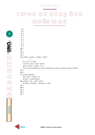 Q U ÍM IC A


                 T IP O S D E R E A Ç Õ E S
                                     Q U ÍM IC A S
                   1.   d
                   2.   b

   1               3.
                   4.
                        d
                        e
                   5.   e
                   6.   d
                   7.   a
                   8.   d
                   9.   a
                  10.   c
                  11.   e
                  12.   b
                  13.   a
G A B A R IT O




                  14.   a) PbCl2 + Na2SO4 → PbSO4 + 2NaCl
                                  ∆
                        b) C + O2 → CO2(g)
                        c) H2SO4 + Na2S → H2S + Na2SO4
                        d) Zn + H2SO4 → ZnSO4 + H2 →
                        Obs.: Há a possibilidade de outras combinações, desde que atendam ao que foi pedido.
                  15.   c
                  16.   b
                  17.   a) Mg = Magnésio
                        Mg + 2HCl → MgCl2 + H2
                        b) Al2O3 ⇒ óxido anfótero
                  18.   a) 4NH3 + 5O2 → 4NO + 6H2O
                        b) 2HNO3 + Ba(OH)2 → Ba (NO3)2 + 2H2O
                  19.   c
                  20.   d
                  21.   b
                  22.   b
                  23.   c
    IMPRIMIR




                  Voltar                          QUÍMICA - Tipos de reações químicas                     Avançar
 