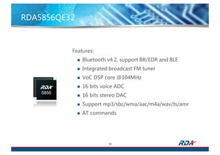 RDA5856QE32
10
Features:
n Bluetooth v4.2, support BR/EDR and BLE
n Integrated broadcast FM tuner
n VoC DSP core @104MHz
n 16 bits voice ADC
n 16 bits stereo DAC
n Support mp3/sbc/wma/aac/m4a/wav/ts/amr
n AT commands
 