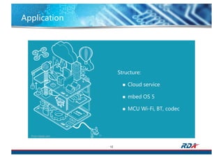 Application
12
Structure:
n Cloud service
n mbed OS 5
n MCU Wi-Fi, BT, codec
 