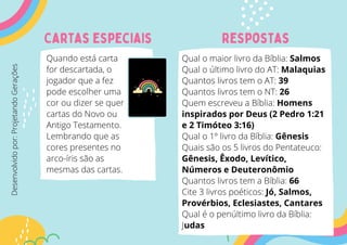Cartas especiais
Quando está carta
for descartada, o
jogador que a fez
pode escolher uma
cor ou dizer se quer
cartas do Novo ou
Antigo Testamento.
Lembrando que as
cores presentes no
arco-íris são as
mesmas das cartas.
+4
Respostas
Qual o maior livro da Bíblia: Salmos
Qual o último livro do AT: Malaquias
Quantos livros tem o AT: 39
Quantos livros tem o NT: 26
Quem escreveu a Bíblia: Homens
inspirados por Deus (2 Pedro 1:21
e 2 Timóteo 3:16)
Qual o 1º livro da Bíblia: Gênesis
Quais são os 5 livros do Pentateuco:
Gênesis, Êxodo, Levítico,
Números e Deuteronômio
Quantos livros tem a Bíblia: 66
Cite 3 livros poéticos: Jó, Salmos,
Provérbios, Eclesiastes, Cantares
Qual é o penúltimo livro da Bíblia:
Judas
Desenvolvido
por:
Projetando
Gerações
 