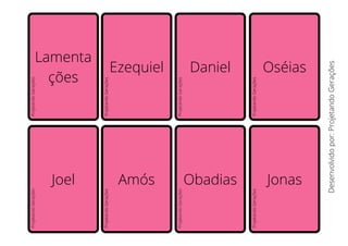 Lamenta
ções
Ezequiel Daniel Oséias
Joel Amós Obadias Jonas
Desenvolvido
por:
Projetando
Gerações
Projetando
Gerações
Projetando
Gerações
Projetando
Gerações
Projetando
Gerações
Projetando
Gerações
Projetando
Gerações
Projetando
Gerações
Projetando
Gerações
 