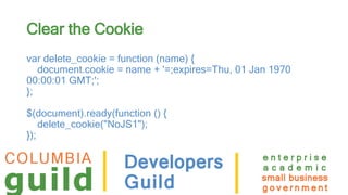 Clear the Cookie
var delete_cookie = function (name) {
document.cookie = name + '=;expires=Thu, 01 Jan 1970
00:00:01 GMT;';
};
$(document).ready(function () {
delete_cookie("NoJS1");
});
 