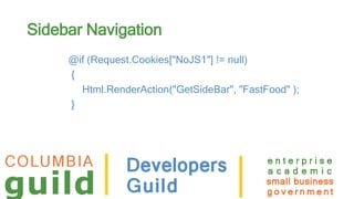Sidebar Navigation
@if (Request.Cookies["NoJS1"] != null)
{
Html.RenderAction("GetSideBar", "FastFood" );
}
 