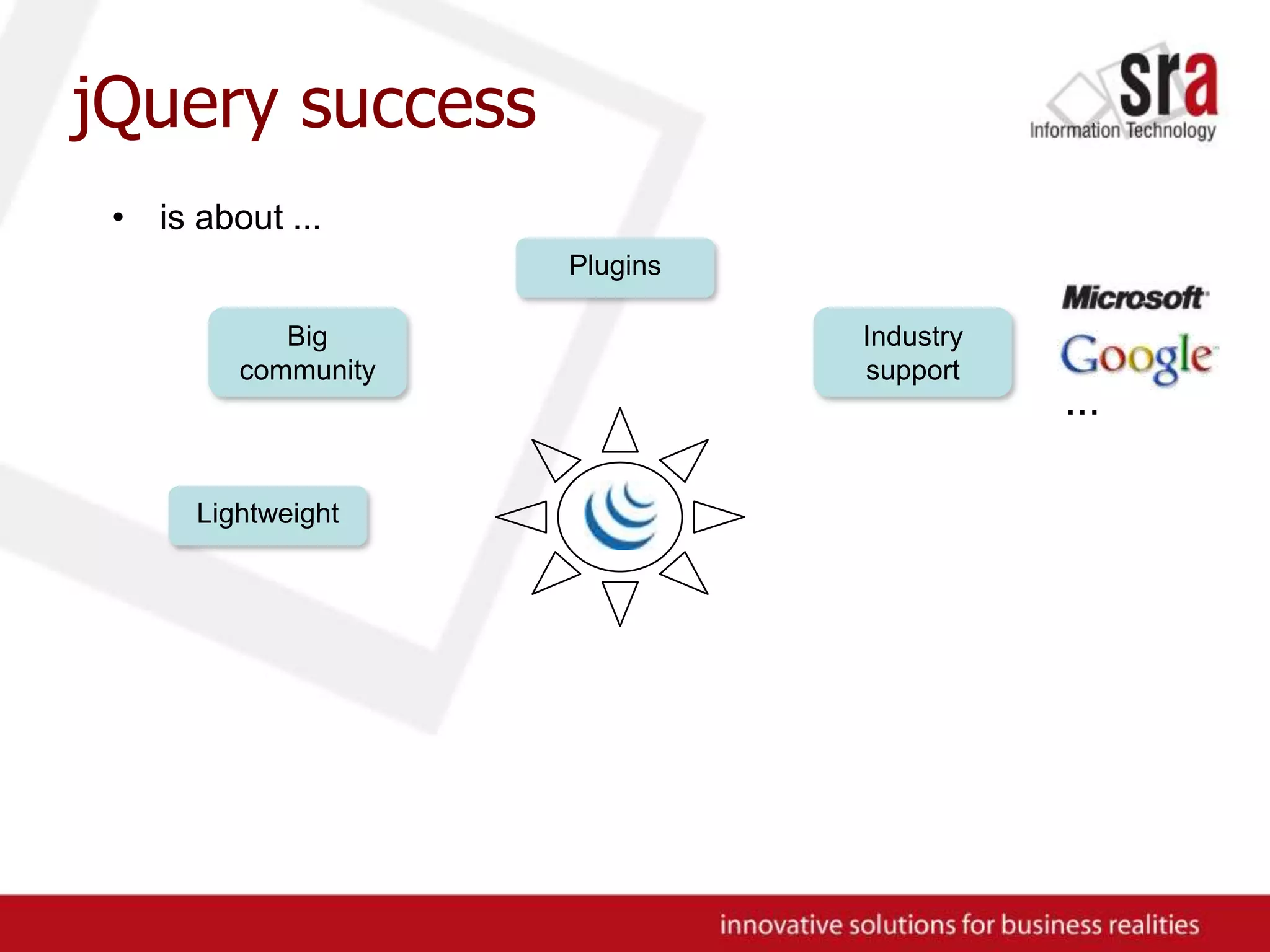 jQuerysuccessis about ...PluginsBig communityIndustry support...Lightweight