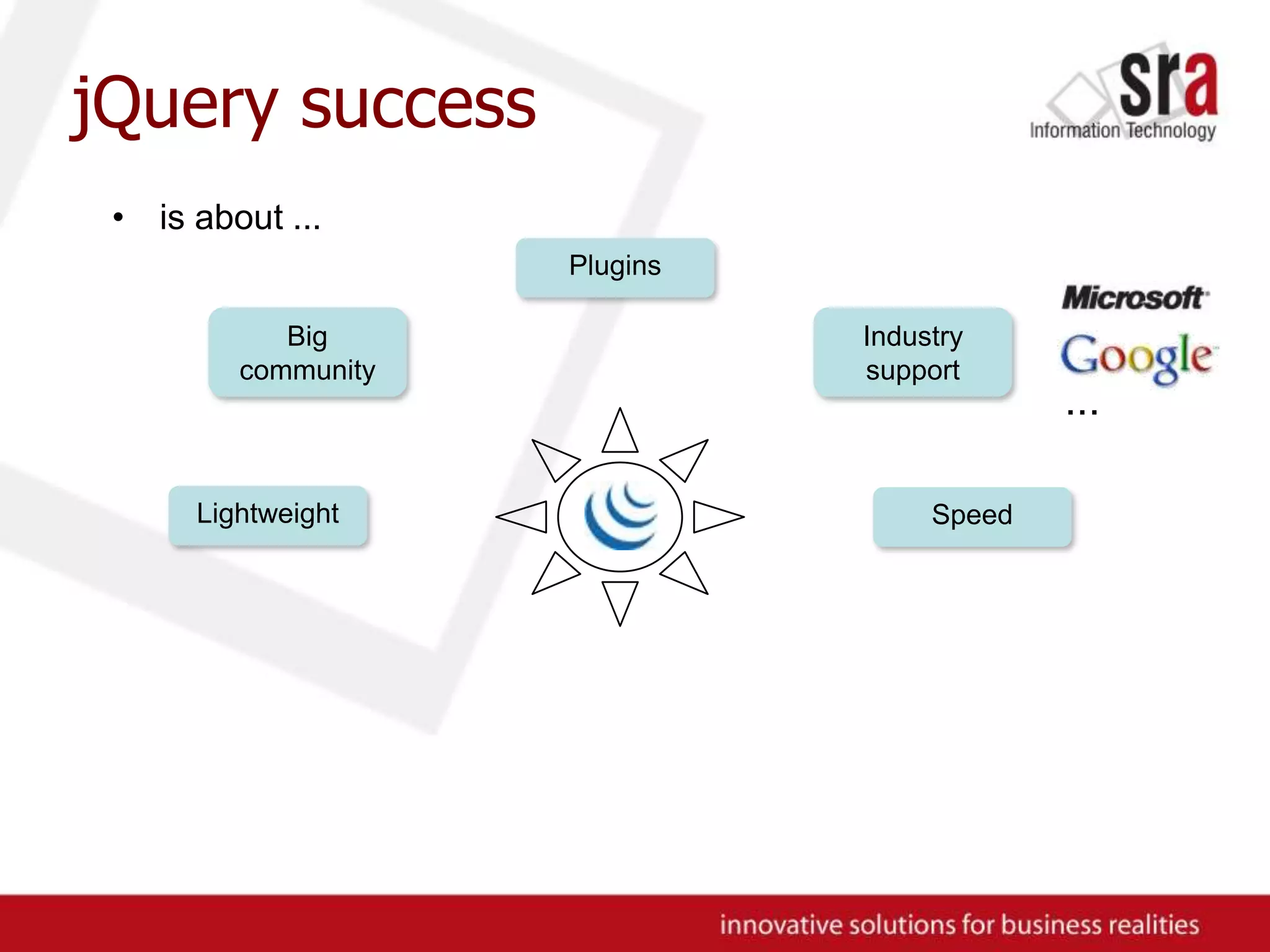 jQuerysuccessis about ...PluginsBig communityIndustry support...LightweightSpeed