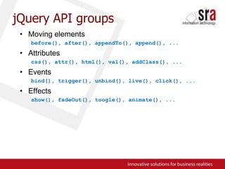 jQuery API groupsMoving elementsbefore(), after(), appendTo(), append(), ...Attributescss(), attr(), html(), val(), addClass(), ...Eventsbind(), trigger(), unbind(), live(), click(), ...Effectsshow(), fadeOut(), toogle(), animate(), ...