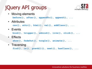 jQuery API groupsMoving elementsbefore(), after(), appendTo(), append(), ...Attributescss(), attr(), html(), val(), addClass(), ...Eventsbind(), trigger(), unbind(), live(), click(), ...Effectsshow(), fadeOut(), toogle(), animate(), ...Traversingfind(), is(), prevAll(), next(), hasClass(), ...