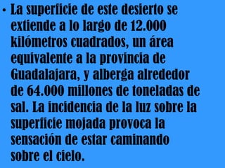 La superficie de este desierto se extiende a lo largo de 12.000 kilómetros cuadrados, un área equivalente a la provincia de Guadalajara, y alberga alrededor de 64.000 millones de toneladas de sal. La incidencia de la luz sobre la superficie mojada provoca la sensación de estar caminando sobre el cielo.  