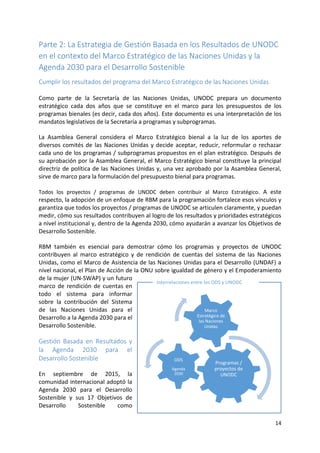 14
Parte 2: La Estrategia de Gestión Basada en los Resultados de UNODC
en el contexto del Marco Estratégico de las Naciones Unidas y la
Agenda 2030 para el Desarrollo Sostenible
Cumplir los resultados del programa del Marco Estratégico de las Naciones Unidas
Como parte de la Secretaría de las Naciones Unidas, UNODC prepara un documento
estratégico cada dos años que se constituye en el marco para los presupuestos de los
programas bienales (es decir, cada dos años). Este documento es una interpretación de los
mandatos legislativos de la Secretaría a programas y subprogramas.
La Asamblea General considera el Marco Estratégico bienal a la luz de los aportes de
diversos comités de las Naciones Unidas y decide aceptar, reducir, reformular o rechazar
cada uno de los programas / subprogramas propuestos en el plan estratégico. Después de
su aprobación por la Asamblea General, el Marco Estratégico bienal constituye la principal
directriz de política de las Naciones Unidas y, una vez aprobado por la Asamblea General,
sirve de marco para la formulación del presupuesto bienal para programas.
Todos los proyectos / programas de UNODC deben contribuir al Marco Estratégico. A este
respecto, la adopción de un enfoque de RBM para la programación fortalece esos vínculos y
garantiza que todos los proyectos / programas de UNODC se articulen claramente, y puedan
medir, cómo sus resultados contribuyen al logro de los resultados y prioridades estratégicos
a nivel institucional y, dentro de la Agenda 2030, cómo ayudarán a avanzar los Objetivos de
Desarrollo Sostenible.
RBM también es esencial para demostrar cómo los programas y proyectos de UNODC
contribuyen al marco estratégico y de rendición de cuentas del sistema de las Naciones
Unidas, como el Marco de Asistencia de las Naciones Unidas para el Desarrollo (UNDAF) a
nivel nacional, el Plan de Acción de la ONU sobre igualdad de género y el Empoderamiento
de la mujer (UN-SWAP) y un futuro
marco de rendición de cuentas en
todo el sistema para informar
sobre la contribución del Sistema
de las Naciones Unidas para el
Desarrollo a la Agenda 2030 para el
Desarrollo Sostenible.
Gestión Basada en Resultados y
la Agenda 2030 para el
Desarrollo Sostenible
En septiembre de 2015, la
comunidad internacional adoptó la
Agenda 2030 para el Desarrollo
Sostenible y sus 17 Objetivos de
Desarrollo Sostenible como
Programas /
proyectos de
UNODC
ODS
Agenda
2030
Marco
Estratégico de
las Naciones
Unidas
Interrelaciones entre los ODS y UNODC
 