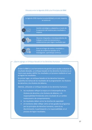 17
Si bien la RBM es una herramienta de gestión para ayudar a alcanzar el
resultado deseado, un enfoque basado en los derechos humanos es un
marco que ayuda a definir los resultados y el proceso mediante el cual
se logran los resultados.
En primer lugar, un enfoque basado en los derechos humanos
especifica los temas de los resultados de la programación: los titulares
de derechos y los titulares de deberes.
Además, utilizando un enfoque basado en los derechos humanos:
• los resultados reflejan la mejora en el desempeño de los
titulares de derechos y los titulares de deberes, o la
responsabilidad fortalecida como resultado de un cambio
institucional o de comportamiento;
• los resultados deben cerrar las brechas de capacidad;
• el monitoreo debe reflejar cómo se han guiado los programas
por los principios de derechos humanos, como la no
discriminación, la participación y la responsabilidad, en el
proceso de lograr resultados;
• los resultados de la programación deberían especificar la
realización de los derechos humanos tal como se establece en
los instrumentos internacionales.
¿Qué le agrega un Enfoque Basado en los Derechos Humanos
a la gestión basada en los resultados (RBM)? *
Vínculos entre la Agenda 2030 y los Principios de RBM
Gestión estratégica y adaptativa a través de
la operación del sistema para resultados e
impacto
Maneras integradas e interdependientes de
trabajar a través de asociaciones o
colaboraciones para lograr resultados que
normalmente involucran a más de un
jugador
Éxito en el logro de metas y resultados a
través de evidencias basadas en la
investigación, aprendizaje continuo,
adaptación teniendo en cuenta los
complejos y complejos contextos y ritmo
acelerado de desarrollo en el mundo
1
2
3
La Agenda 2030 impulsa la sostenibilidad y en este respecto,
se centra en:
 