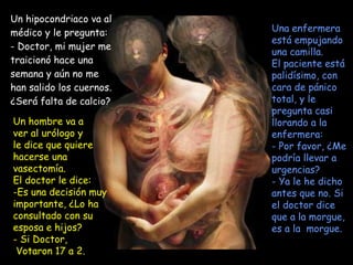 Un hipocondriaco va al médico y le pregunta: - Doctor, mi mujer me traicionó hace una semana y aún no me han salido los cuernos.  ¿Será falta de calcio? Un hombre va a ver al urólogo y le dice que quiere hacerse una vasectomía.  El doctor le dice: Es una decisión muy importante, ¿Lo ha consultado con su esposa e hijos?  Si Doctor, Votaron 17 a 2.  Una enfermera está empujando una camilla.  El paciente está palidísimo, con cara de pánico total, y le pregunta casi llorando a la enfermera:  - Por favor, ¿Me podría llevar a urgencias?  - Ya le he dicho antes que no. Si el doctor dice que a la morgue, es a la  morgue.  