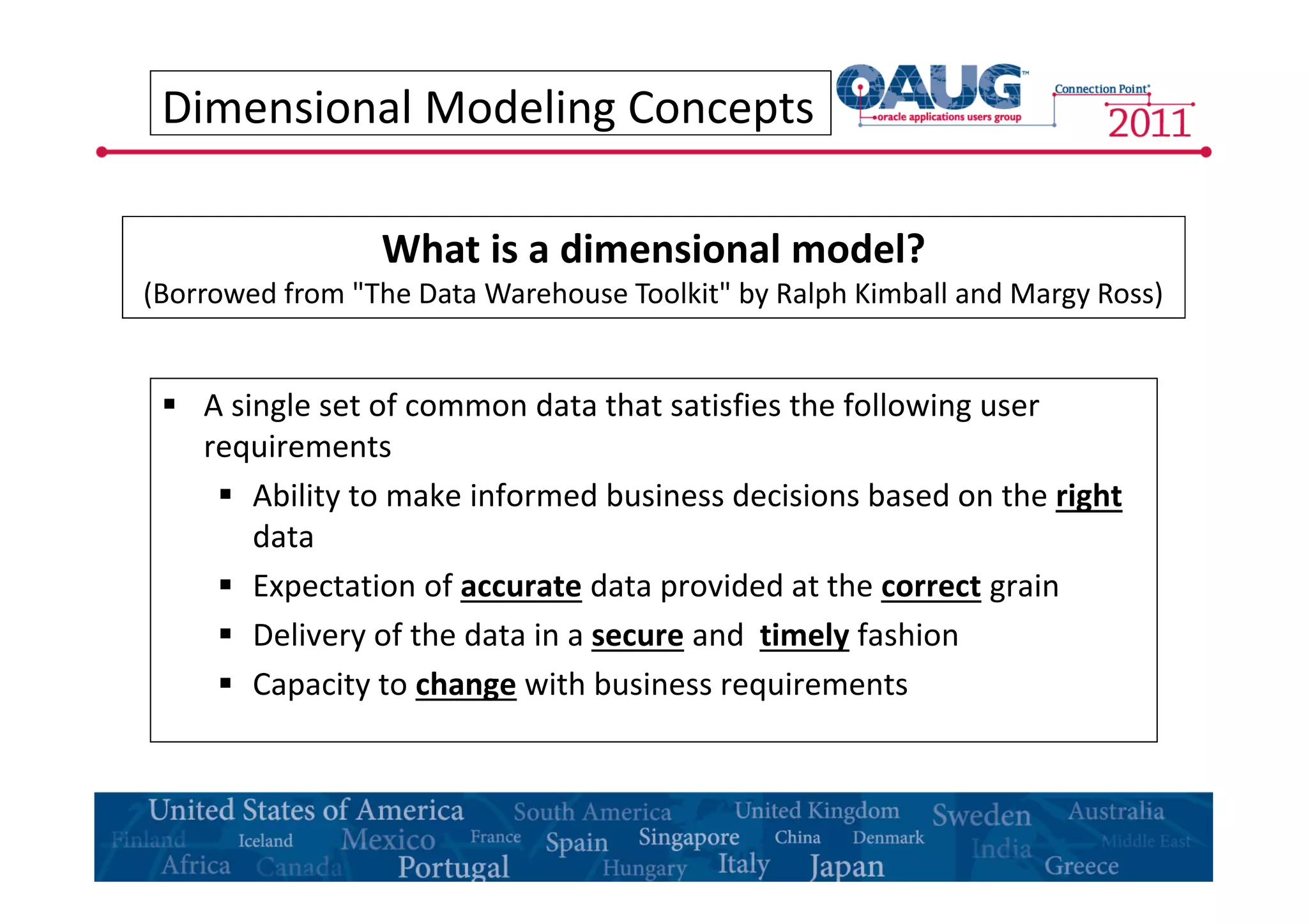 Dimensional Modeling Concepts 
What is a dimensional model? 
(Borrowed from "The Data Warehouse Toolkit" by Ralph Kimball and Margy Ross) 
 A single set of common data that satisfies the following user 
requirements 
 Ability to make informed business decisions based on the right 
data 
 Expectation of accurate data provided at the correct grain 
 Delivery of the data in a secure and timely fashion 
 Capacity to change with business requirements 
 