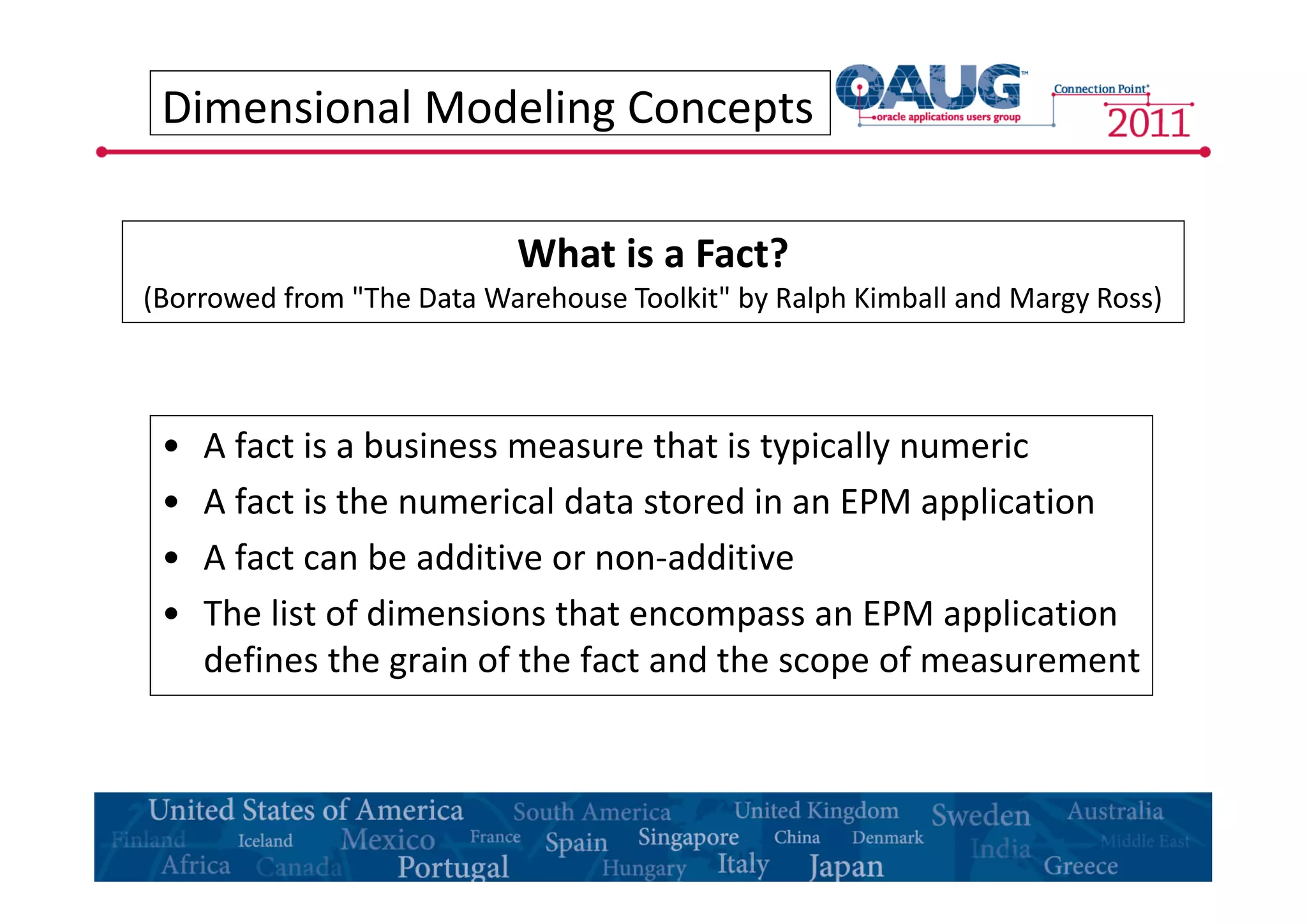 Dimensional Modeling Concepts 
What is a Fact? 
(Borrowed from "The Data Warehouse Toolkit" by Ralph Kimball and Margy Ross) 
• A fact is a business measure that is typically numeric 
• A fact is the numerical data stored in an EPM application 
• A fact can be additive or non-additive 
• The list of dimensions that encompass an EPM application 
defines the grain of the fact and the scope of measurement 
 