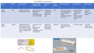 Absorbable suture materials
Suture Types Raw materials Tensile strength
retention in vivo
Absorption
role
Tissue
reaction
Contraindications Frequent uses How supplied
Catgut
(yellow)
plain Collagen derived from
healthy sheep or cattle
Lost within 7-10 days
Marked patient
variability
Unpredictable and
not recommended
Phagocytosis
and enzymatic
degradation
within 7-10
days
High Not for use in tissues
which heal slowly and
require prolonged
support,
Synthetic absorbables
are superior
Ligate superficial
vessles, suture
subcutaneous
tissues
Stomas and other
tissues that heal
rapidly
6/0-1 with
needles,
4/0-3 without
needles
Catgut
(brown )
Chromic Collagen derived from
healthy sheep or cattle
Tanned with chromium
salts to improve handling
And resist degradation in
tissue
Lost within 21-28
days
Marked patient
variability
Unpreditable and not
recommended
Phagocytisis
and enzymatic
degradation
within 90 days
Moderate As for plain catgut
Synthetic absorbable
superior
As for plain catgut 6/0-3 with
needles, 5/0-3
without needles
 