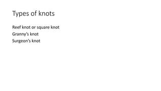 Types of knots
Reef knot or square knot
Granny’s knot
Surgeon’s knot
 