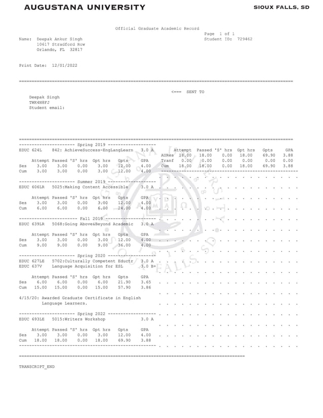 Unofficial Graduate Transcripts of Deepak (Danny) Singh January 22 ...