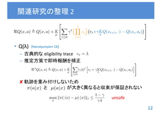 12
• Q(λ)
– 古典的な eligibility	trace
– 推定方策で即時報酬を補正
✘ 軌跡を重み付けしないため
と が大きく異なると収束が保証されない
関連研究の整理 2
[Harutyunyan+	16]
cs =
RQ(x, a) , Q(x, a) + E
µ
2
4
X
t 0
t
⇣ tY
s=1
cs
⌘
rt+ E
⇡
Q(xt+1, ·) Q(xt, at)
3
5
R Q(x, a) , Q(x, a) + E
µ
2
4
X
t 0
( )t
h
rt + E
⇡
Q(xt+1, ·) Q(xt, at)
i
3
5
⇡(a|x) µ(a|x)
max
x
k⇡(·|x) µ(·|x)k1 
1
unsafe
 