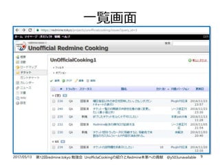 2017/05/13 第12回redmine.tokyo 勉強会 UnofficlaCookingの紹介とRedmine本家への貢献 @y503unavailable 9
一覧画面
 