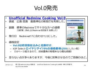 2019/11/2 第17回redmine.tokyo 勉強会 Unofficial Redmine Cooking Kindle版 令和元年創刊
@y503unavailable
14
Vol.0発売
• Unofficial Redmine...