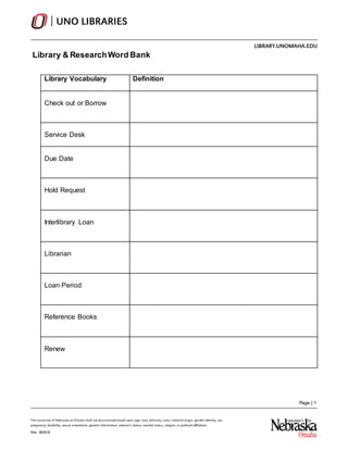 UNO Libraries Vocabulary Worksheet. | DOCX