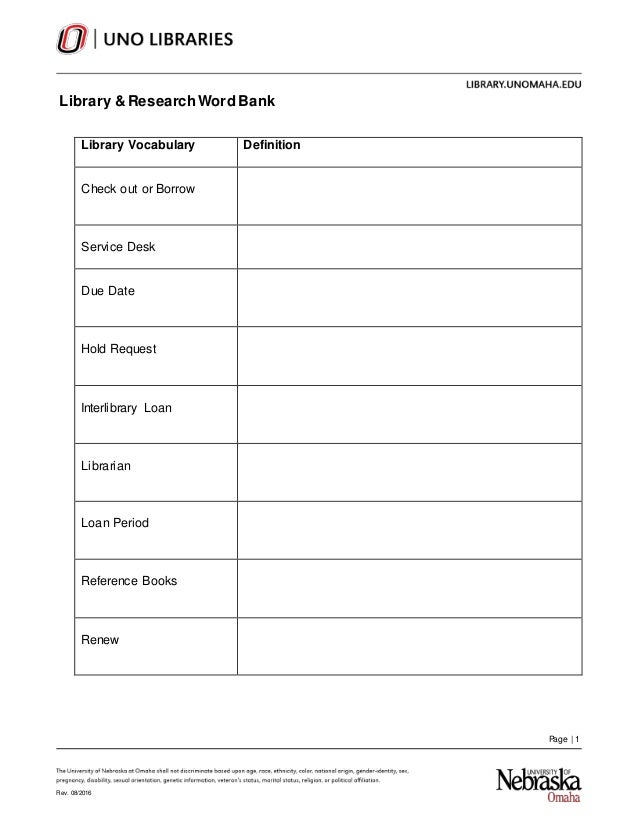 Uno Libraries Vocabulary Worksheet