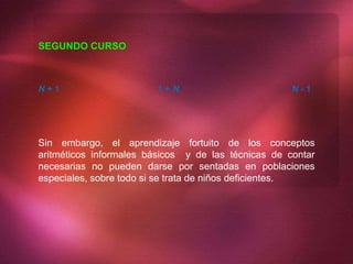 SEGUNDO CURSO
N + 1 1 + N N - 1
Sin embargo, el aprendizaje fortuito de los conceptos
aritméticos informales básicos y de las técnicas de contar
necesarias no pueden darse por sentadas en poblaciones
especiales, sobre todo si se trata de niños deficientes.
 