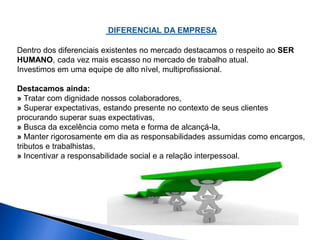 DIFERENCIAL DA EMPRESA 
Dentro dos diferenciais existentes no mercado destacamos o respeito ao SER 
HUMANO, cada vez mais escasso no mercado de trabalho atual. 
Investimos em uma equipe de alto nível, multiprofissional. 
Destacamos ainda: 
» Tratar com dignidade nossos colaboradores, 
» Superar expectativas, estando presente no contexto de seus clientes 
procurando superar suas expectativas, 
» Busca da excelência como meta e forma de alcançá-la, 
» Manter rigorosamente em dia as responsabilidades assumidas como encargos, 
tributos e trabalhistas, 
» Incentivar a responsabilidade social e a relação interpessoal. 
 