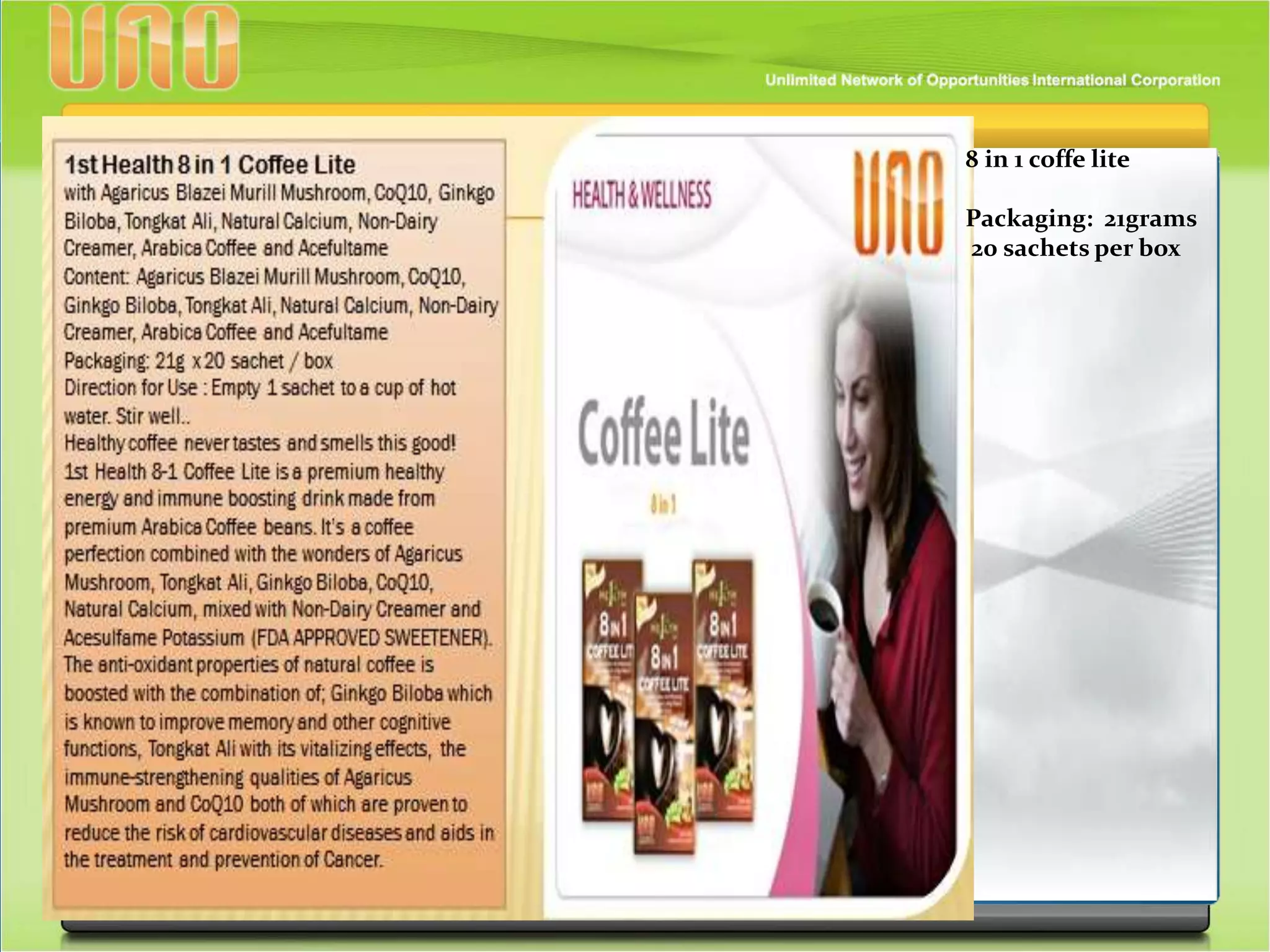 8 in 1 coffe lite
Packaging: 21grams
20 sachets per box
 