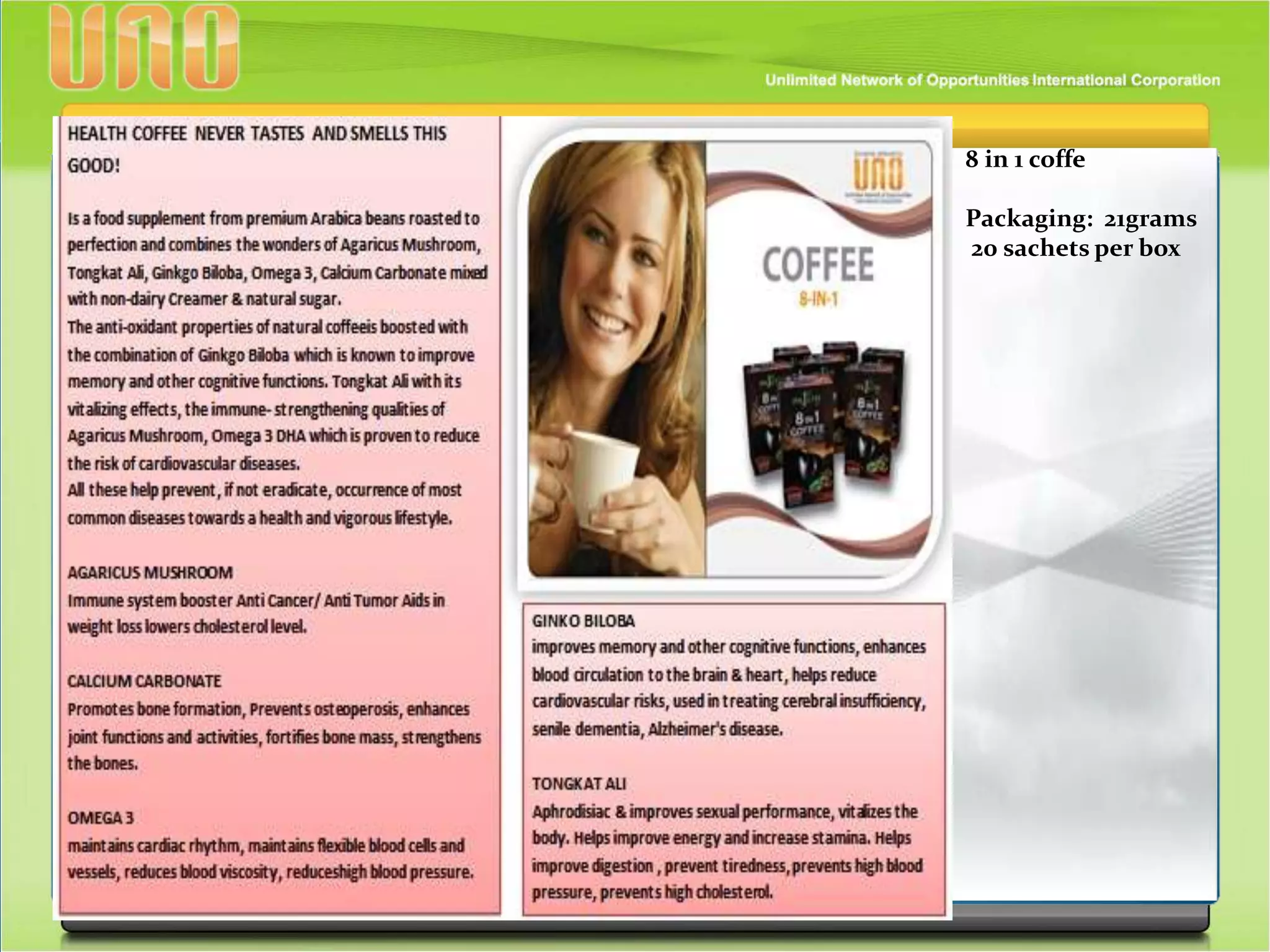 8 in 1 coffe
Packaging: 21grams
20 sachets per box
 