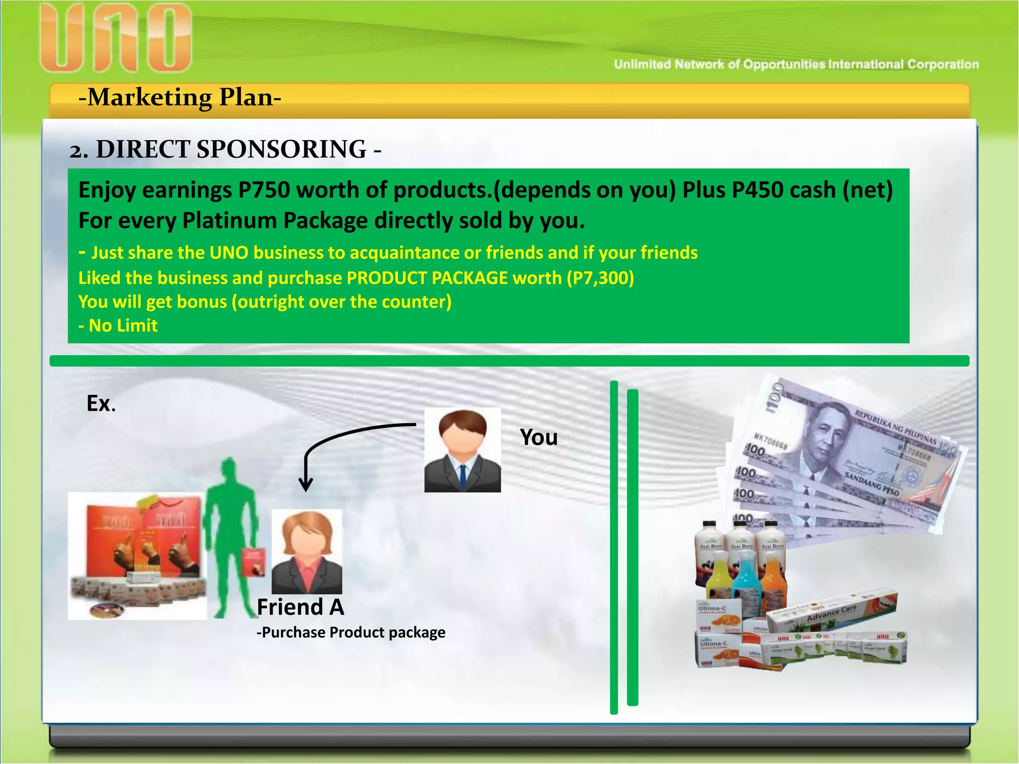 -Marketing Plan-
2. DIRECT SPONSORING -
Enjoy earnings P750 worth of products.(depends on you) Plus P450 cash (net)
For every Platinum Package directly sold by you.
- Just share the UNO business to acquaintance or friends and if your friends
Liked the business and purchase PRODUCT PACKAGE worth (P7,300)
You will get bonus (outright over the counter)
- No Limit
Ex.
You
Friend A
-Purchase Product package
 