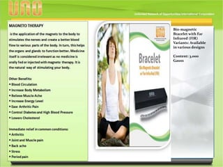 Bio-magnetic
Bracelet with Far
Infrared (FIR)
Variants: Available
in various designs
Content: 3,000
Gauss
 