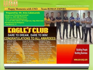 - Happy Moments with UNO- - Team ROMAN EMPIRE-
- Prepared by: Mr. Aries Cabatuando
Entrepreneur/ Marketing Consultant
-Mobile no.: 0947-588-7179 Smart
- email: axlroseslash33@gmail.com
- our main office address: 355 Ortigas ave,. Brgy. Wack-wack
Mandaluyong City Philippines.
- God Bless Us..^^..
 