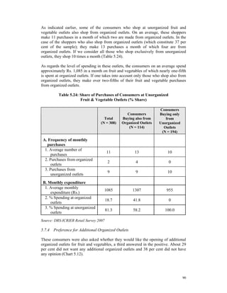 As indicated earlier, some of the consumers who shop at unorganized fruit and
vegetable outlets also shop from organized outlets. On an average, these shoppers
make 11 purchases in a month of which two are made from organized outlets. In the
case of the shoppers who also shop from organized outlets (which constitute 37 per
cent of the sample); they make 13 purchases a month of which four are from
organized outlets. If we consider all those who shop exclusively from unorganized
outlets, they shop 10 times a month (Table 5.24).

As regards the level of spending in these outlets, the consumers on an average spend
approximately Rs. 1,085 in a month on fruit and vegetables of which nearly one-fifth
is spent at organized outlets. If one takes into account only those who shop also from
organized outlets, they make over two-fifths of their fruit and vegetable purchases
from organized outlets.

          Table 5.24: Share of Purchases of Consumers at Unorganized
                      Fruit & Vegetable Outlets (% Share)

                                                                      Consumers
                                                  Consumers           Buying only
                                     Total     Buying also from          from
                                   (N = 308)   Organized Outlets      Unorganized
                                                   (N = 114)            Outlets
                                                                       (N = 194)

 A. Frequency of monthly
   purchases
  1. Average number of
                                        11             13                  10
      purchases
  2. Purchases from organized
                                         2              4                  0
      outlets
  3. Purchases from
                                         9              9                  10
      unorganized outlets
 B. Monthly expenditure
  1. Average monthly
                                     1085             1307                955
     expenditure (Rs.)
  2. % Spending at organized
                                        18.7          41.8                 0
     outlets
  3. % Spending at unorganized
                                        81.3          58.2               100.0
     outlets
Source: DRS-ICRIER Retail Survey 2007

5.7.4 Preference for Additional Organized Outlets

These consumers were also asked whether they would like the opening of additional
organized outlets for fruit and vegetables, a third answered in the positive. About 29
per cent did not want any additional organized outlets and 38 per cent did not have
any opinion (Chart 5.12).




                                                                                    90
 