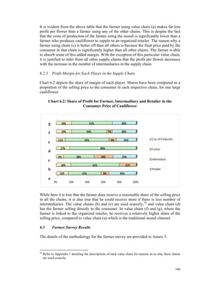 It is evident from the above table that the farmer using value chain (a) makes far less
profit per flower than a farmer using any of the other chains. This is despite the fact
that the costs of production of the farmer using the mandi is significantly lower than a
farmer who produces cauliflower to supply to an organized retailer. The reason why a
farmer using chain (c) is better off than all others is because the final price paid by the
consumer in that chain is significantly higher than all other chains. The farmer is able
to absorb some of this added margin. With the exception of this particular value chain,
it is justified to infer from all other supply chains that the profit per flower decreases
with the increase in the number of intermediaries in the supply chain.

6.2.3 Profit Margin for Each Player in the Supply Chain

Chart 6.2 depicts the share of margin of each player. Shares have been computed as a
proportion of the selling price to the consumer in each respective chain, for one large
cauliflower.

        Chart 6.2: Share of Profit for Farmer, Intermediary and Retailer in the
                            Consumer Price of Cauliflower



         g           19%                      51%                       30%

         f           19%                 44%                7%          30%

                   11%                  55%                  9%          25%           C os t of P roduction
         e
                    17%                               83%                              F armer
         d
                   9%            38%                  24%               29%
         c                                                                             Intermediary
                    18%                         61%                       21%
         b                                                                             R etailer
                    15%                41%             9%          34%
         a
              0%           20%          40%           60%         80%           100%


While here it is true that the farmer does receive a reasonable share of the selling price
in all the chains, it is also true that he could receive more if there is less number of
intermediaries. The value chains (b) and (e) are used scarcely,24 and value chain (d)
has the farmer selling directly to the consumer. In value chain (f) and (g), where the
farmer is linked to the organized retailer, he receives a relatively higher share of the
selling price, compared to value chain (a) which is the traditional mandi channel.

6.3          Farmer Survey Results

The details of the methodology for the farmer survey are provided in Annex 5.


24
     Refer to Appendix 1 detailing the descriptions of each value chain for reasons as to why these chains
     are used scarcely.


                                                                                                               100
 