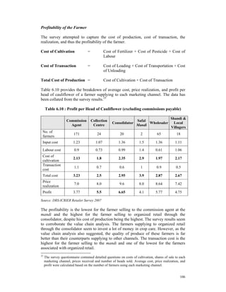 Profitability of the Farmer

The survey attempted to capture the cost of production, cost of transaction, the
realization, and thus the profitability of the farmer.

Cost of Cultivation                 =             Cost of Fertilizer + Cost of Pesticide + Cost of
                                                  Labour

Cost of Transaction                 =             Cost of Loading + Cost of Transportation + Cost
                                                  of Unloading

Total Cost of Production =                        Cost of Cultivation + Cost of Transaction

Table 6.10 provides the breakdown of average cost, price realization, and profit per
head of cauliflower of a farmer supplying to each marketing channel. The data has
been collated from the survey results.25

     Table 6.10 : Profit per Head of Cauliflower (excluding commissions payable)

                                                                                               Shandi &
                     Commission         Collection                     Safal
                                                       Consolidator          Wholesaler          Local
                       Agent             Centre                        Mandi
                                                                                               Villagers
 No. of
                          171              24              20             2          65            18
 farmers
 Input cost              1.23              1.07           1.36           1.5        1.36          1.11

 Labour cost              0.9              0.73           0.99           1.4        0.61          1.06
 Cost of
                         2.13              1.8            2.35           2.9        1.97          2.17
 cultivation
 Transaction
                          1.1              0.7             0.6            1          0.9           0.5
 cost
 Total cost              3.23              2.5            2.95           3.9        2.87          2.67
 Price
                          7.0              8.0             9.6           8.0        8.64          7.42
 realization
 Profit                  3.77              5.5            6.65           4.1        5.77          4.75

Source: DRS-ICRIER Retailer Survey 2007

The profitability is the lowest for the farmer selling to the commission agent at the
mandi and the highest for the farmer selling to organized retail through the
consolidator, despite his cost of production being the highest. The survey results seem
to corroborate the value chain analysis. The farmers supplying to organized retail
through the consolidator seem to invest a lot of money in crop care. However, as the
value chain analysis also suggested, the quality of produce of these farmers is far
better than their counterparts supplying to other channels. The transaction cost is the
highest for the farmer selling to the mandi and one of the lowest for the farmers
associated with organized retail.
25
     The survey questionnaire contained detailed questions on costs of cultivation, shares of sale to each
     marketing channel, prices received and number of heads sold. Average cost, price realization, and
     profit were calculated based on the number of farmers using each marketing channel.


                                                                                                      106
 