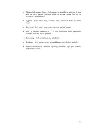 •   Modern Independent Stores - Sells categories available at a Kirana II store
    and has self- service. Operates single or several stores (but not an
    organized chain of stores).

•   Apparel – Sells men’s wear, women’s wear, innerwear, kids’ and infant
    wear.

•   Footwear – Sells men’s wear, women’s wear, and kid’s wear.

•   CDIT (Consumer Durables & IT) – Sells electronics, small appliances,
    durables, telecom, and IT products.

•   Furnishing – Sells home linen and upholstery.

•   Hardware - Sells sanitary-ware, taps and faucets, door fittings, and tiles.

•   General Merchandize – Includes lightning, stationery, toys, gifts, utensils,
    and crockery stores.




                                                                                  132
 