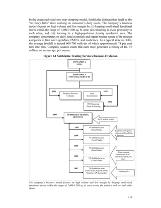 In the organized retail one-stop shopping model, Subhiksha distinguishes itself as the
“no fancy frills” store working on consumer’s daily needs. The company’s business
model focuses on high volume and low margin by: (i) keeping small-sized functional
stores within the range of 1,000-1,500 sq. ft. area; (ii) clustering in close proximity to
each other; and (iii) locating in a high-population density residential area. The
company concentrates on daily need essentials and repeat buying nature of its product
categories in fruit and vegetables, FMCG, and medicines. In a typical store in Delhi,
the average footfall is around 600-700 walk-ins of which approximately 78 per cent
turn into bills. Company sources claim that each store generates a billing of Rs. 35
million, on an average, per annum.
              Figure 1.1 Subhiksha Trading Services Business Evolution
                                             VISWAPRIYA
                                                (1991)




                                           VISWAPRIYA
                                       FINANCIAL SERVICES




                      1991                                                        1992
                                 Financial Services          Asset
                                     Company              Securitization


                                                                                         1994
                                                           IPO Financing:
                                                          Prime Advancing



                       1997          SUBHIKSHA TRADING
                                          SERVICES
                                                                           Rs 50 million corpus



                                               1997          10 Subhiksha store
                                                               (Tamil Nadu)                       Supreme-court gave a
                                                                                                  ruling to sell medicine
                                              1999                                                at discount
                                                             14 Subhiksha store
                                                                (Tamil Nadu)

                                              2000
                                                             50 Subhiksha store
                                                               (Tamil Nadu)
                                                                                                      After meeting
                                                                                                    breakeven, ICICI
                                              2002                                                venture invested 24%
                                                            120 Subhiksha store                           share
                                                               (Tamil Nadu)



                                              2007        750 Subhiksha store
                                                       (Tamil Nadu, Gujarat, Delhi,                   Planning IPO
                                                         Mumbai, AP, Karnataka)



The company’s business model focuses on high volume and low margin by keeping small-sized
functional stores within the range of 1,000-1,500 sq. ft. area across the nation’s end- to- end value
chain.


                                                                                                                   138
 