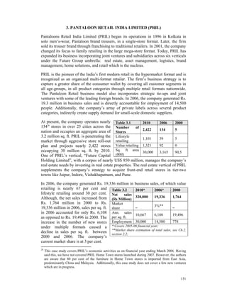 3. PANTALOON RETAIL INDIA LIMITED (PRIL)

Pantaloons Retail India Limited (PRIL) began its operations in 1996 in Kolkata in
solo men’s-wear, Pantaloon brand trousers, in a single-store format. Later, the firm
sold its trouser brand through franchising to traditional retailers. In 2001, the company
changed its focus to family retailing in the large mega-store format. Today, PRIL has
expanded its business incorporating joint ventures and subsidiaries across six verticals
under the Future Group umbrella: real estate, asset management, logistics, brand
management, home solutions, and retail which is the nucleus.

PRIL is the pioneer of the India’s first modern retail in the hypermarket format and is
recognized as an organized multi-format retailer. The firm’s business strategy is to
capture a greater share of the consumer wallet by covering all customer segments in
all age-groups, in all product categories through multiple retail formats nationwide.
The Pantaloon Retail business model also incorporates strategic tie-ups and joint
ventures with some of the leading foreign brands. In 2006, the company generated Rs.
19.3 million in business sales and is directly accountable for employment of 14,500
people. Additionally, the company’s array of private labels across several product
categories, indirectly create supply demand for small-scale domestic suppliers.

At present, the company operates nearly Table 3.1              2010       2006      2000
13428 stores in over 25 cities across the Number           of
nation and occupies an aggregate area of Stores                2,422      134       5
3.2 million sq. ft. PRIL is penetrating the Lifestyle
                                                               1,101      39        5
market through aggressive store roll-out retailing
plan and projects nearly 2,422 stores Value retailing 1,321               92        0
occupying 30 million sq. ft. by 2010.          Sq. ft area
                                                               30,000     3,165     90,5
One of PRIL’s vertical, “Future Capital (000)
Holding Limited”, with a corpus of nearly US$ 850 million, manages the company’s
real estate needs by investing in real estate properties. The real estate vertical of PRIL
supplements the company’s strategy to acquire front-end retail stores in tier-two
towns like Jaipur, Indore, Vishakhapatnam, and Pune.

In 2006, the company generated Rs. 19,336 million in business sales, of which value
retailing is nearly 67 per cent and Table 3.2            2010*   2006*         2000
lifestyle retailing around 30 per cent. Net        sales
Although, the net sales increased from (Rs Million) 320,000      19,336        1,764
Rs. 1,764 million in 2000 to Rs. Market
                                                         _       3%**          _
19,336 million in 2006, sales per sq. ft. share
in 2006 accounted for only Rs. 6,108 Ann. sales
                                                         10,667  6,108         19,496
as opposed to Rs. 19,496 in 2000. The per sq. ft.
increase in the number of new stores Employment 30,000           14,500        778
under multiple formats caused a * Covers 2005-06 financial year;
decline in sales per sq. ft. between **Market share estimation of total sales, see Ch.2,
                                          section 2.2;
2000 and 2006. The company’s
current market share is at 3 per cent.
28
     This case study covers PRIL’s economic activities as on financial year ending March 2006. Having
     said this, we have not covered PRIL Home Town stores launched during 2007. However, the authors
     are aware that 80 per cent of the furniture in Home Town stores is imported from East Asia,
     predominantly China and Malaysia. Additionally, this case study does not cover a few new ventures
     which are in progress.


                                                                                                  151
 