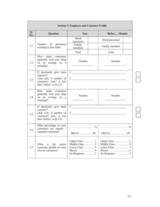 Section 3: Employee and Customer Profile

Q.
               Question                       Now                 Before… Months
No.
                                      Hired
                                                           Hired personnel
                                    personnel
      Number of personnel            Family
3.1                                                        Family members
      working in this outlet        members
                                      Total                       Total
      How many customers
      generally visit your shop
                                         Number                   Number
3.2   on an average on a
                                    ________________         ________________
      weekday?

      If decreased, give main     1. ________________________________________
      reason/s?
      (Ask only if number of      2. ________________________________________
3.3
      customers ‘now’ is less
      than ‘before’ in Q.3.2)

      How many customers
      generally visit your shop
                                         Number                   Number
3.4   on an average on a
                                    ________________         ________________
      weekend?

      If decreased, give main     1. ________________________________________
      reason/s?
      (Ask only if number of      2. ________________________________________
3.5
      customers ‘now’ is less
      than ‘before’ in Q.3.4)

      What percentage of your
                                  ……………………….%             …………………………..%
      customers are regular /
3.6
      repeated customers?
                                  DK/CS…………….99           DK/CS………………..99

                                  Upper Class ……….... 1   Upper Class ……………. 1
      What is the socio-          Middle Class ……….. 2    Middle Class …………….2
3.7   economic profile of most    Lower Class …….…...3    Lower Class ………….….3
      of your customers?          Mixed ………………..4         Mixed …………………...4
                                  No Response .……..…5     No Response. ……………5




                                                                                191
 