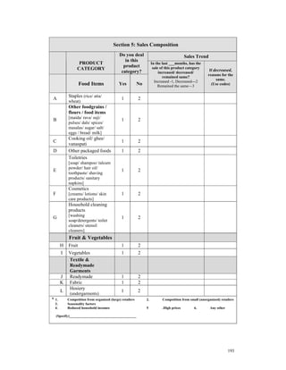 Section 5: Sales Composition
                                             Do you deal                                  Sales Trend
                                                in this
                  PRODUCT                                           In the last ___months, has the
                                               product               sale of this product category
                 CATEGORY                                                                                If decreased,
                                              category?                  increased/ decreased/
                                                                                                        reasons for the
                                                                            remained same?
                                                                                                             same.
                                                                      Increased -1, Decreased---2
                    Food Items              Yes           No            Remained the same—3
                                                                                                          (Use codes)


            Staples (rice/ atta/
 A                                            1           2
            wheat)
            Other foodgrains /
            flours / food items
            [maida/ rava/ suji/
 B                                            1           2
            pulses/ dals/ spices/
            masalas/ sugar/ salt/
            eggs / bread/ milk]
            Cooking oil/ ghee/
 C                                            1           2
            vanaspati
 D          Other packaged foods              1           2
            Toiletries
            [soap/ shampoo/ talcum
            powder/ hair oil/
 E                                            1           2
            toothpaste/ shaving
            products/ sanitary
            napkins]
            Cosmetics
 F          [creams/ lotions/ skin            1           2
            care products]
            Household cleaning
            products
            [washing
 G                                            1           2
            soap/detergents/ toilet
            cleaners/ utensil
            cleaners]
            Fruit & Vegetables
       H    Fruit                             1           2
       I    Vegetables                        1           2
            Textile &
            Readymade
            Garments
       J    Readymade                         1           2
       K    Fabric                            1           2
            Hosiery
       L                                      1           2
             (undergarments)
* 1.       Competition from organized (large) retailers        2.          Competition from small (unorganized) retailers
  3.       Seasonality factors
  4.       Reduced household incomes                           5           .High prices        6.        Any other

     (Specify)______________________________________




                                                                                                                     193
 